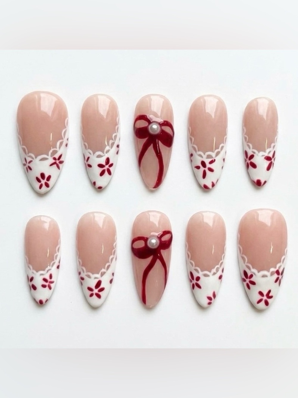 Nude Pink & White Floral Bow Press-On Nails - Women Makeup